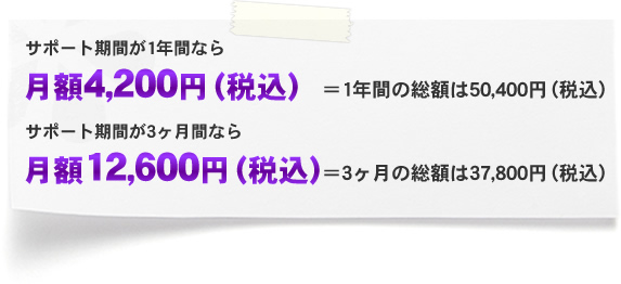 ・サポート期間が1年間なら 月額4,200円（税込）＝1年間の総額は50,400円（税込）・サポート期間が3ヶ月間なら 月額12,600円（税込）＝3ヶ月の総額は37,800円（税込）