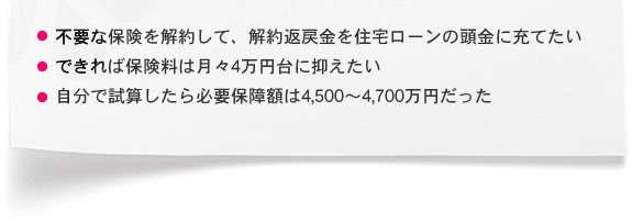 ・不要な保険を解約して、解約返戻金を住宅ローンの頭金に充てたい ・できれば保険料は月々4万円台に抑えたい ・自分で試算したら必要保障額は4,500～4,700万円だった
